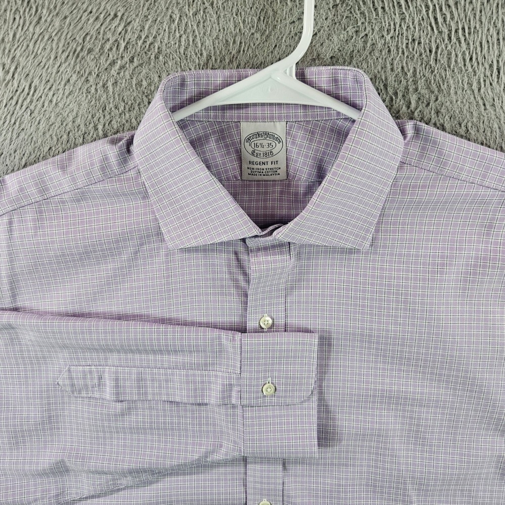 Brooks Brothers Regent Fit Dress Shirt 16.5 35 Purple Micro Check Supima Cotton